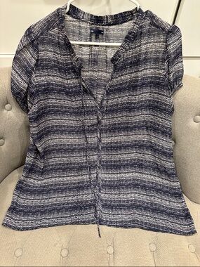 GAP Navy and White Short-Sleeve V-Neck Tie Blouse